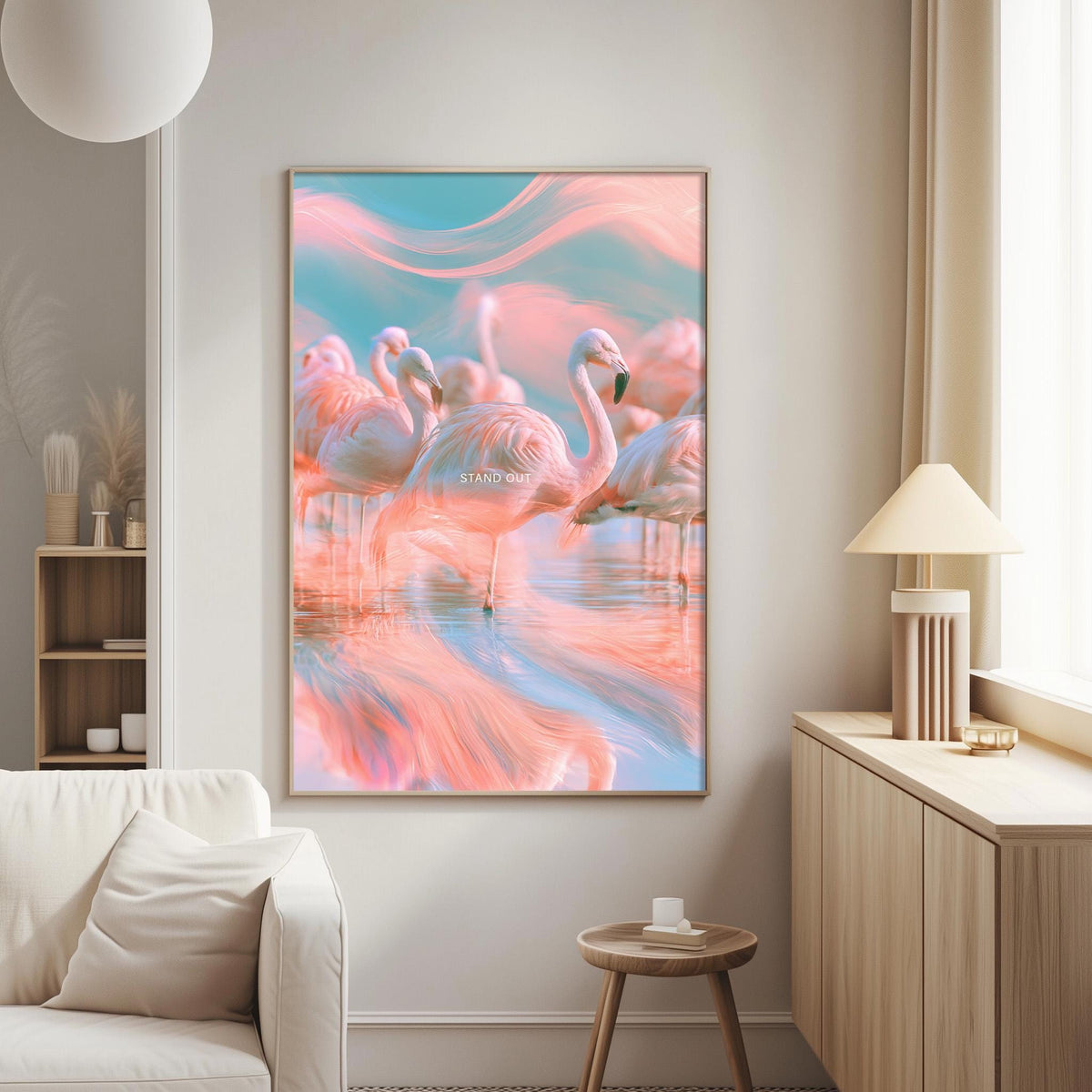 a large, vibrant painting of flamingos in a pink and blue water scene, hanging on a wall in a living room.