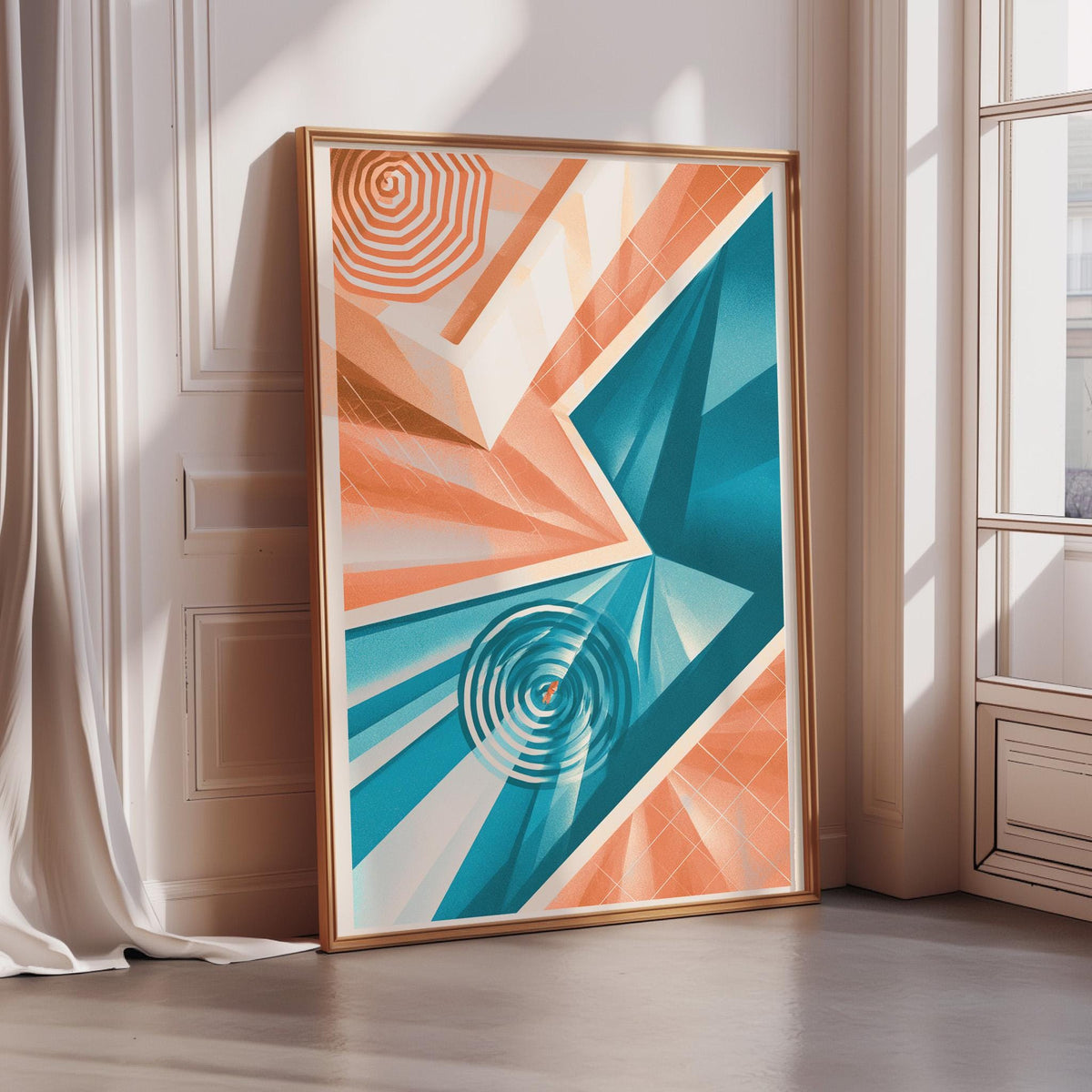a large abstract painting with a geometric design in shades of orange, blue, and white. The painting is framed and placed on a white wall, with a window in the background.