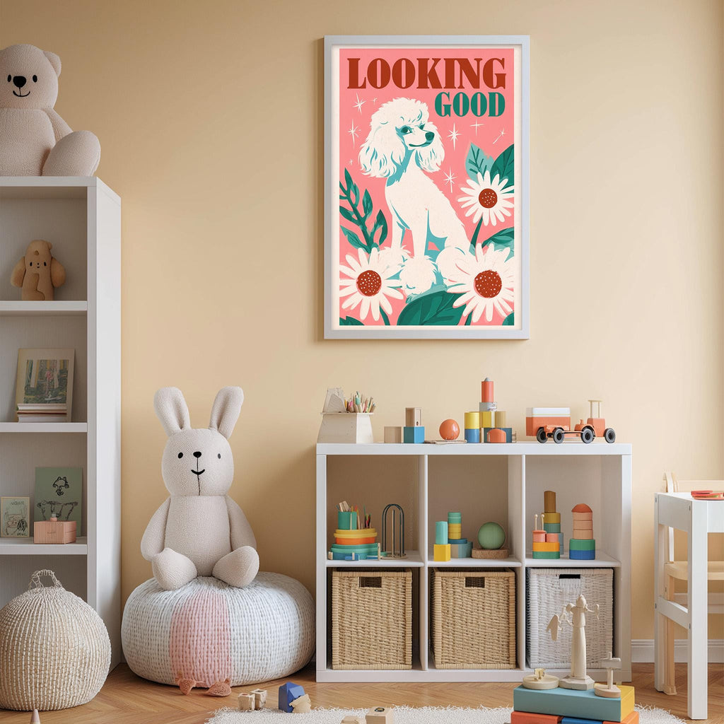 A child's bedroom with a pink and green poster of a poodle, a stuffed rabbit, and a shelf with toys and storage bins.