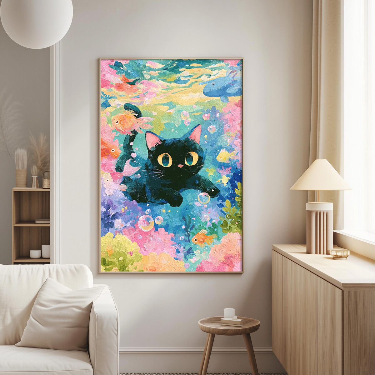 a large, colorful painting of a black cat swimming underwater, surrounded by a vibrant underwater scene with fish and bubbles.