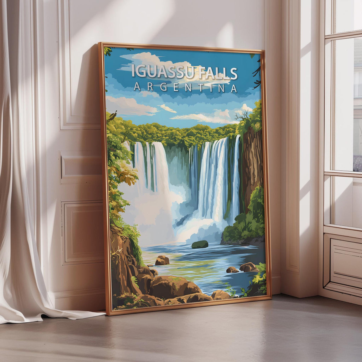 A framed poster depicting the Iguas Falls in Argentina, showcasing the majestic waterfall cascading down the rocky cliffs surrounded by lush greenery.