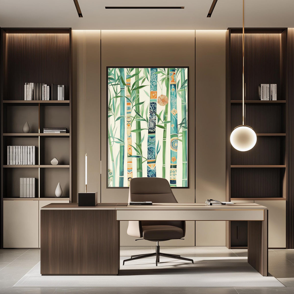 a modern and well-lit office space with a large window, wooden furniture, and a large painting of bamboo trees on the wall.
