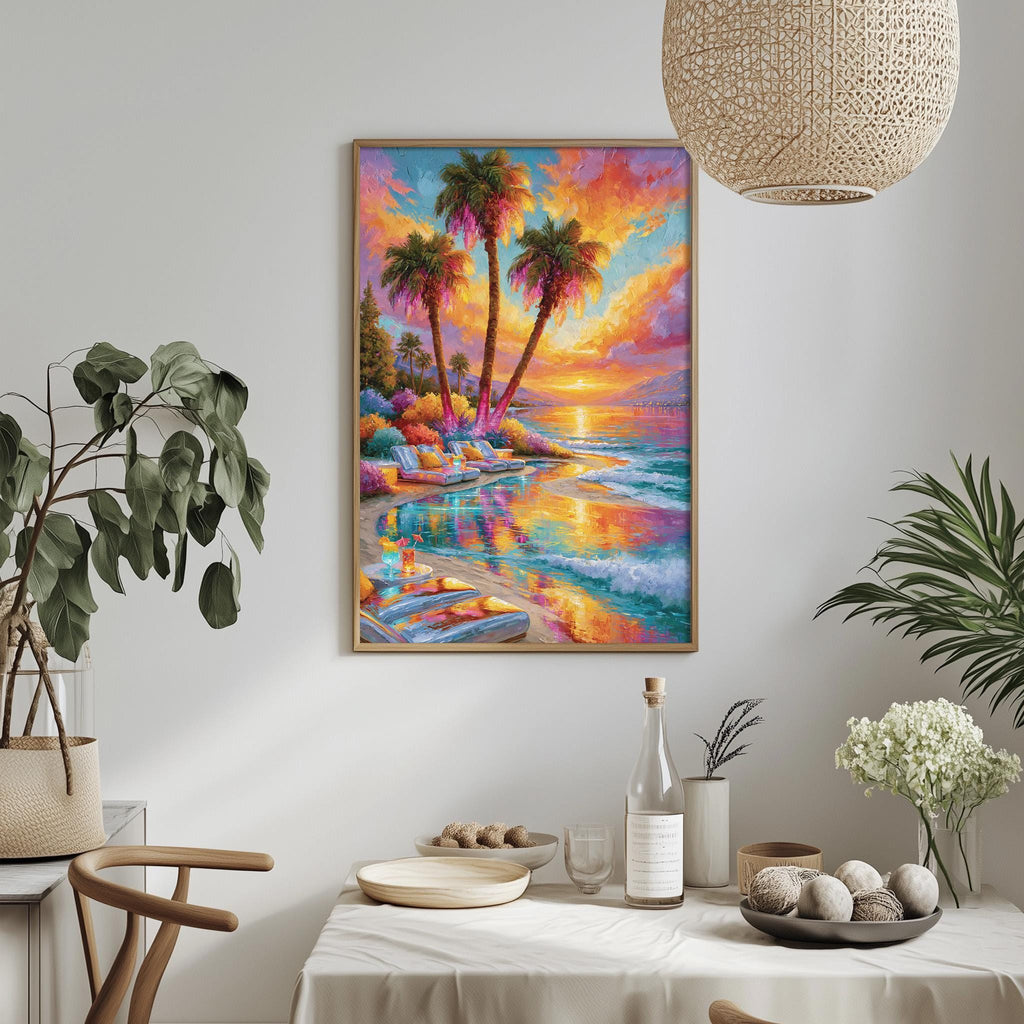 a vibrant painting of a tropical beach scene, with palm trees, a colorful sunset, and a calm ocean. The painting is hung on a white wall above a dining table, which is set with various items such as a bottle, a bowl, and a vase. The table is surrounded by chairs, creating a cozy and inviting atmosphere. The overall scene is lively and cheerful, with the painting serving as a focal point in the room.