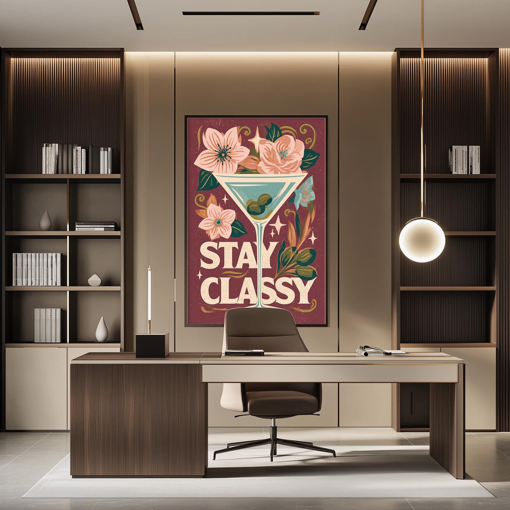 a modern office space with a large framed poster on the wall that says "STAY CLASSY". The office has a wooden desk, a chair, and a bookshelf. The overall design has a contemporary and stylish aesthetic.