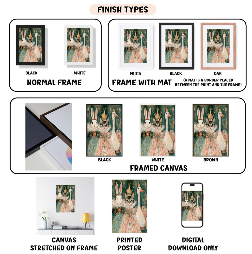 various types of artwork, including framed prints, canvas prints, and digital prints, each with different finishes and frame types.