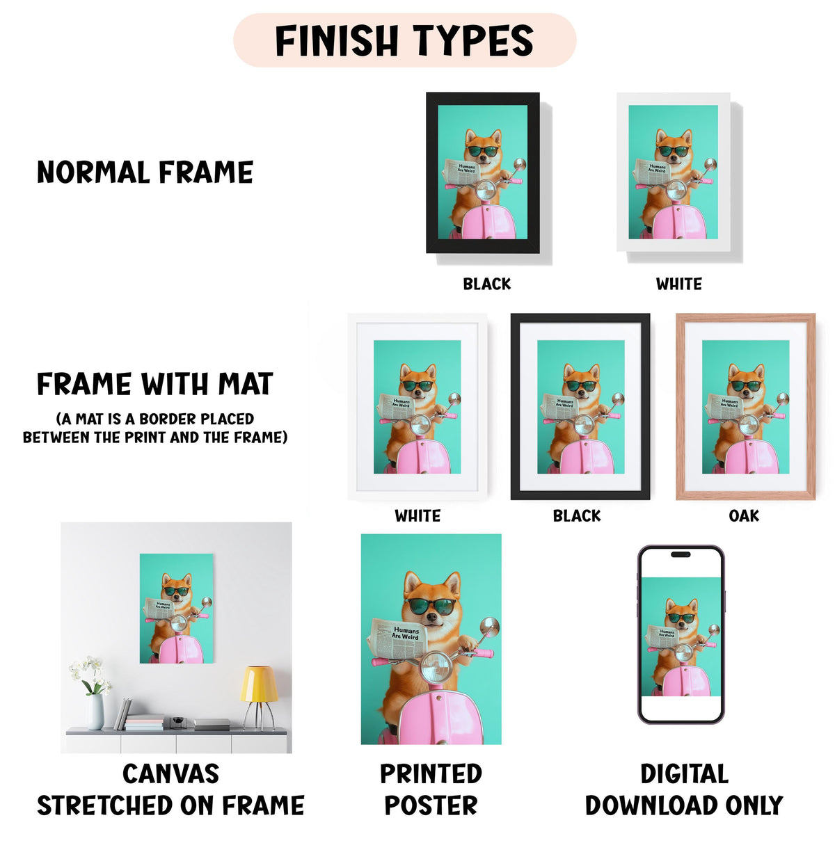 various framed artworks, including a poster and a canvas, with different frame colors and styles.