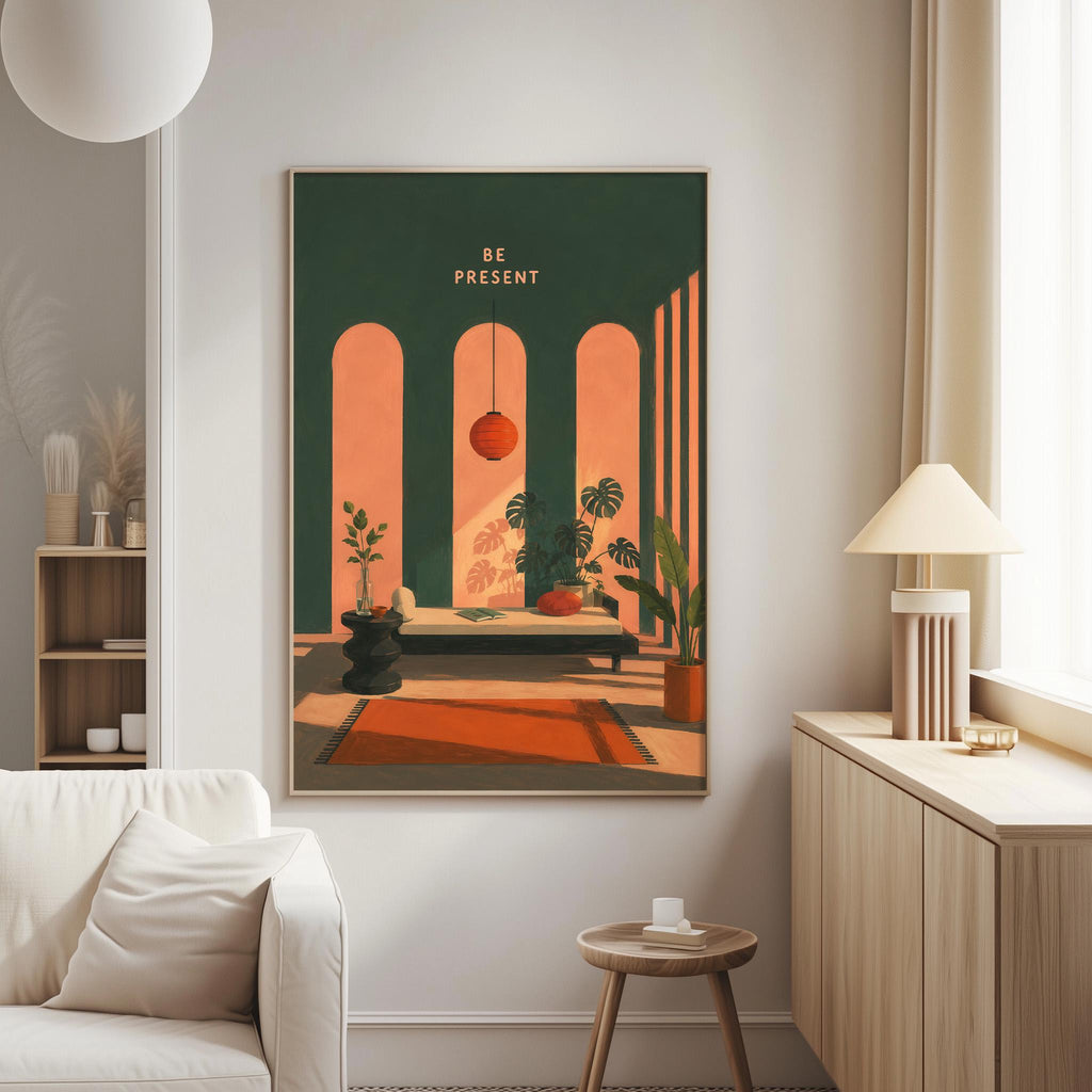 a living room with a large painting of a room with arched windows, a lamp, and a plant on a table.