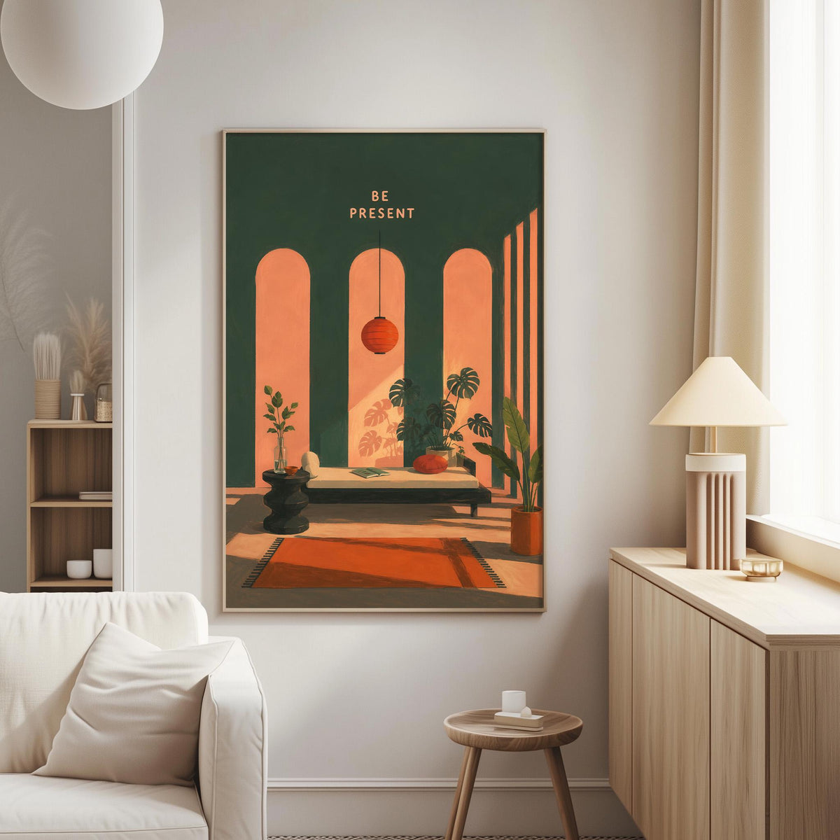 a living room with a large painting of a room with arched windows, a lamp, and a plant on a table.
