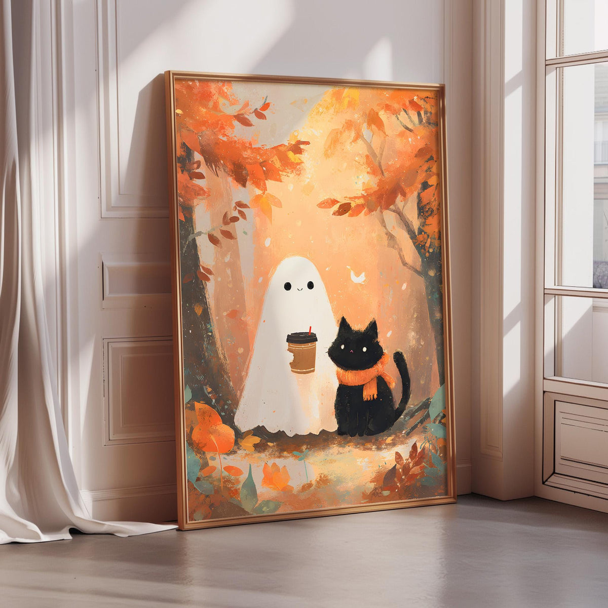 a Halloween-themed painting of a ghost and a cat, set against a backdrop of autumn leaves and a forest.