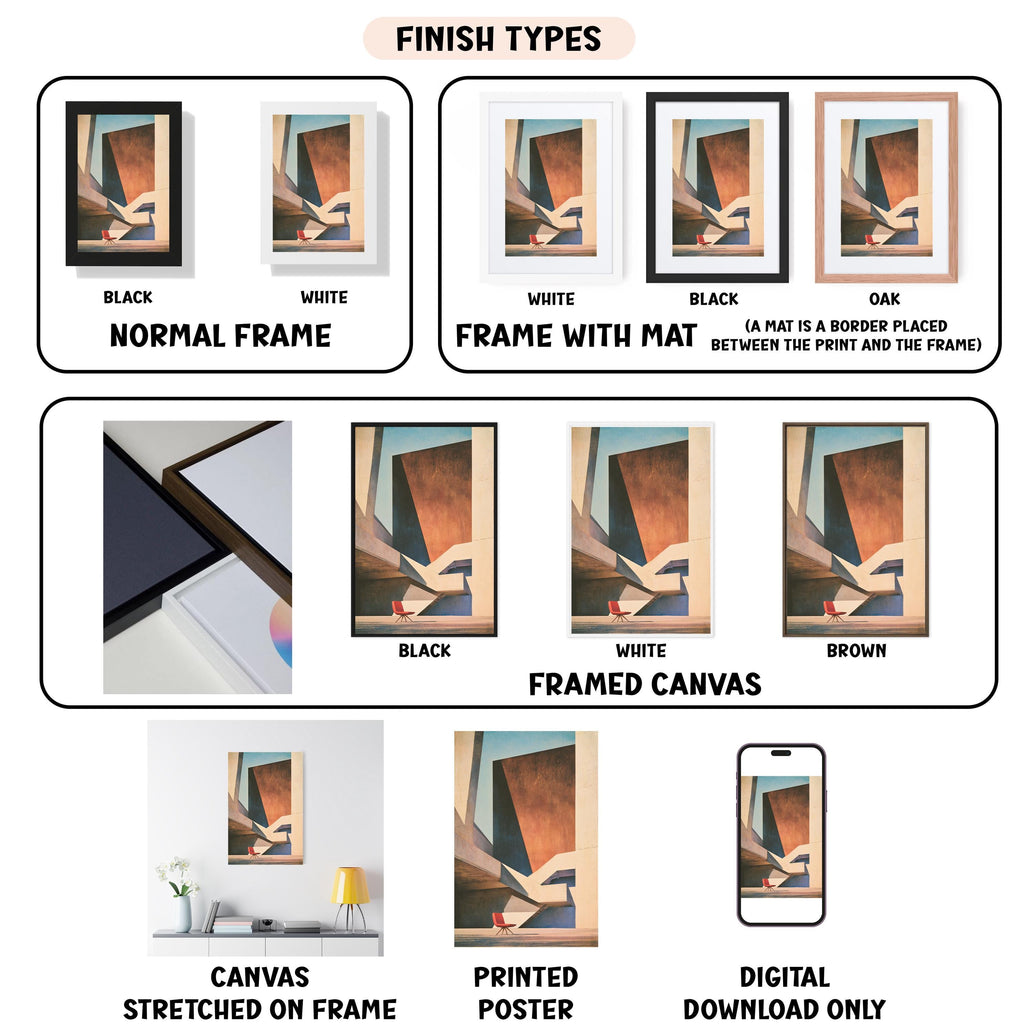 various finish types for framed artwork, including black, white, black and white, black and white with a mat, white, black, white, black, white, black, white, black, white, black, white, brown, framed canvas, canvas stretched on frame, printed poster, and digital download only.