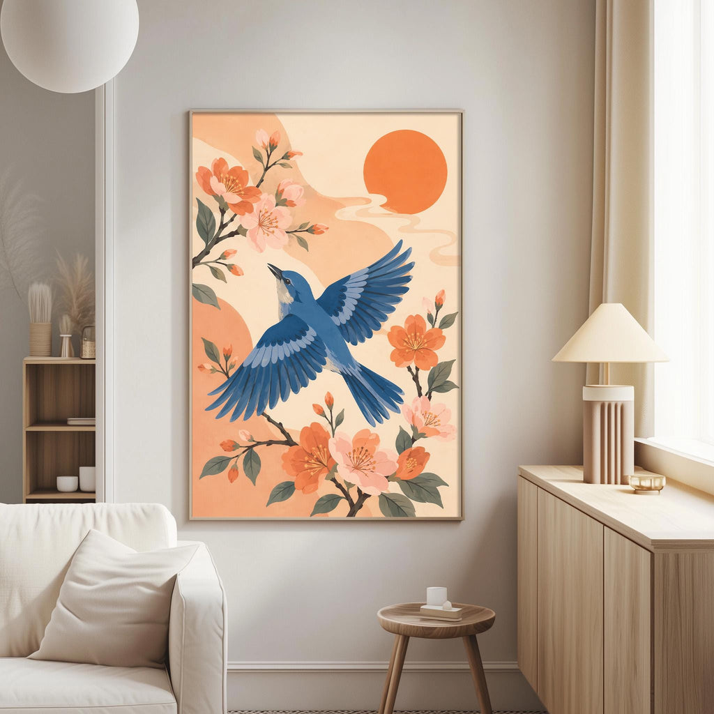 a large framed painting of a blue bird in flight, surrounded by orange flowers and a large orange sun in the background.