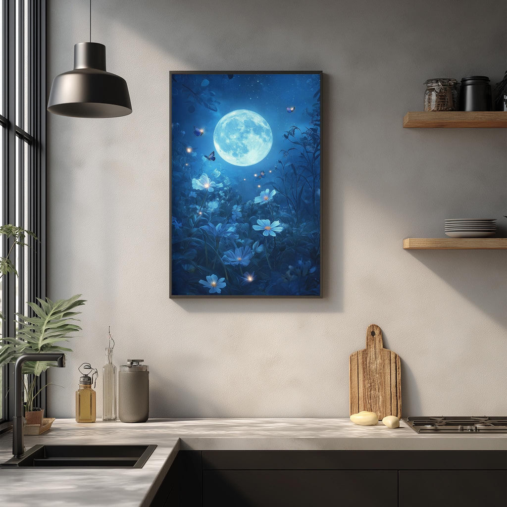 a large framed picture of a night sky with a full moon and a garden scene, hanging on a wall above a kitchen counter with various kitchen items and decor.