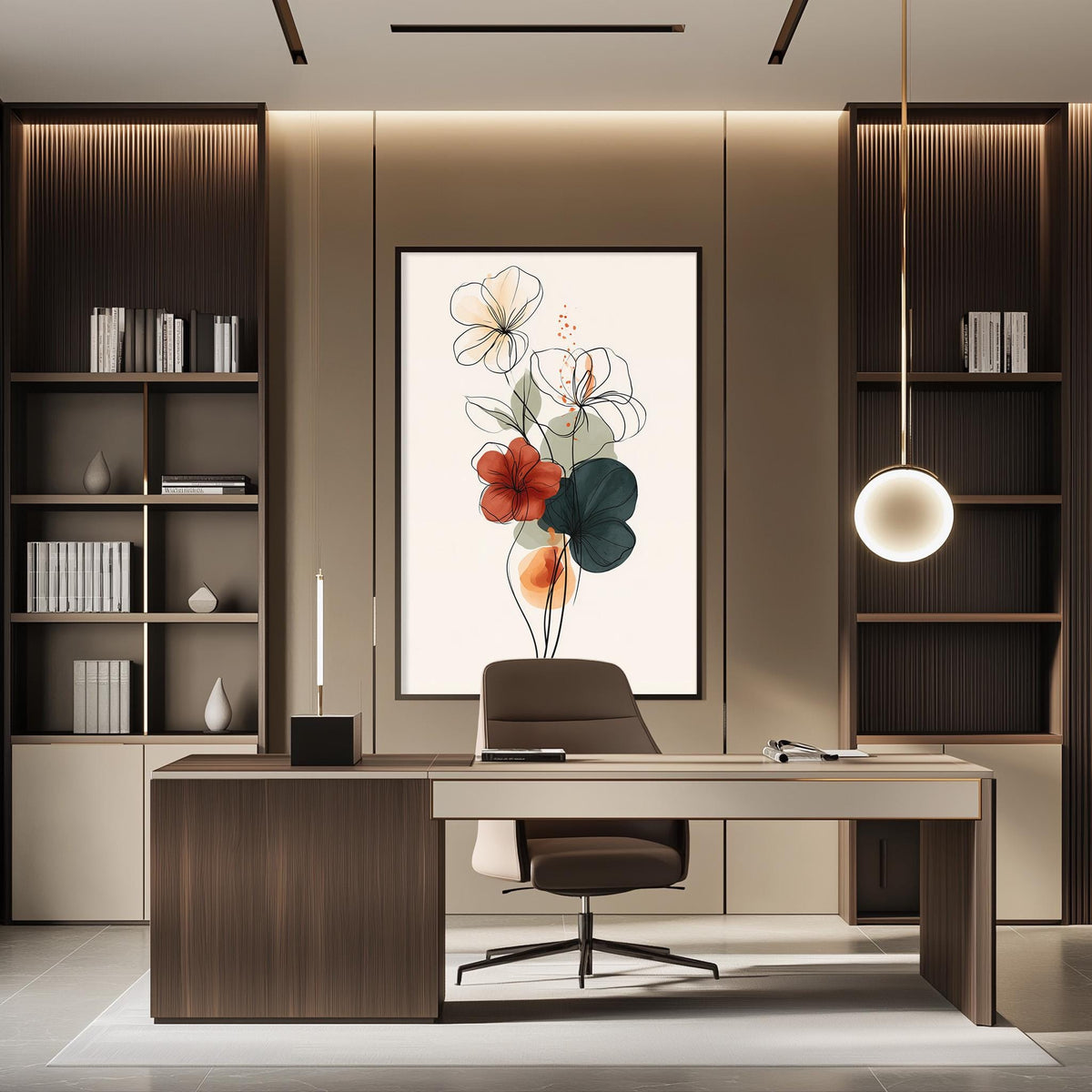 a modern and well-designed office space with a large wooden desk, a comfortable chair, and a large framed artwork featuring flowers on the wall.