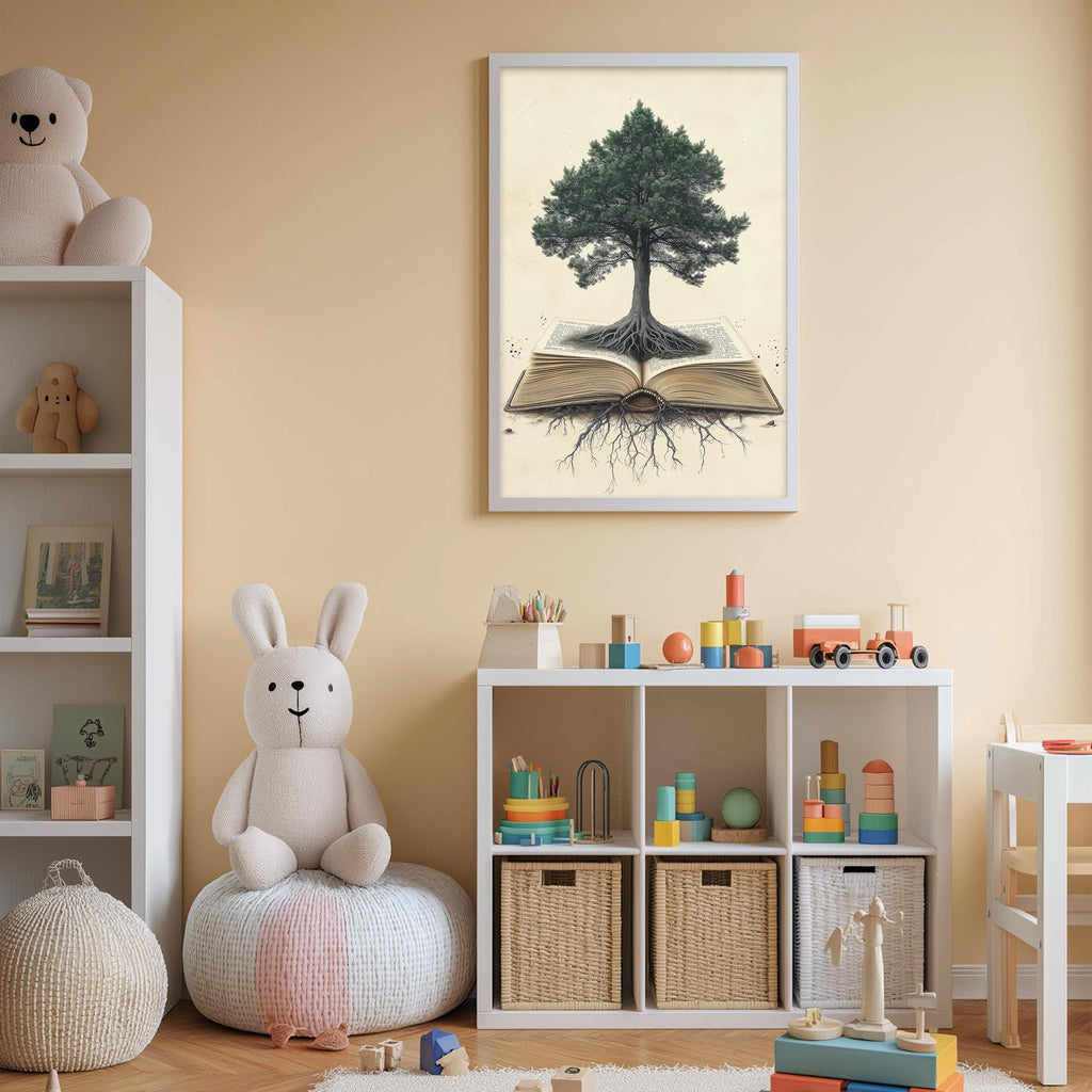 A cozy children's room with a bookshelf, a stuffed rabbit, and a toy train. The room has a warm, inviting atmosphere with a framed illustration of a tree with roots emerging from an open book on the wall.