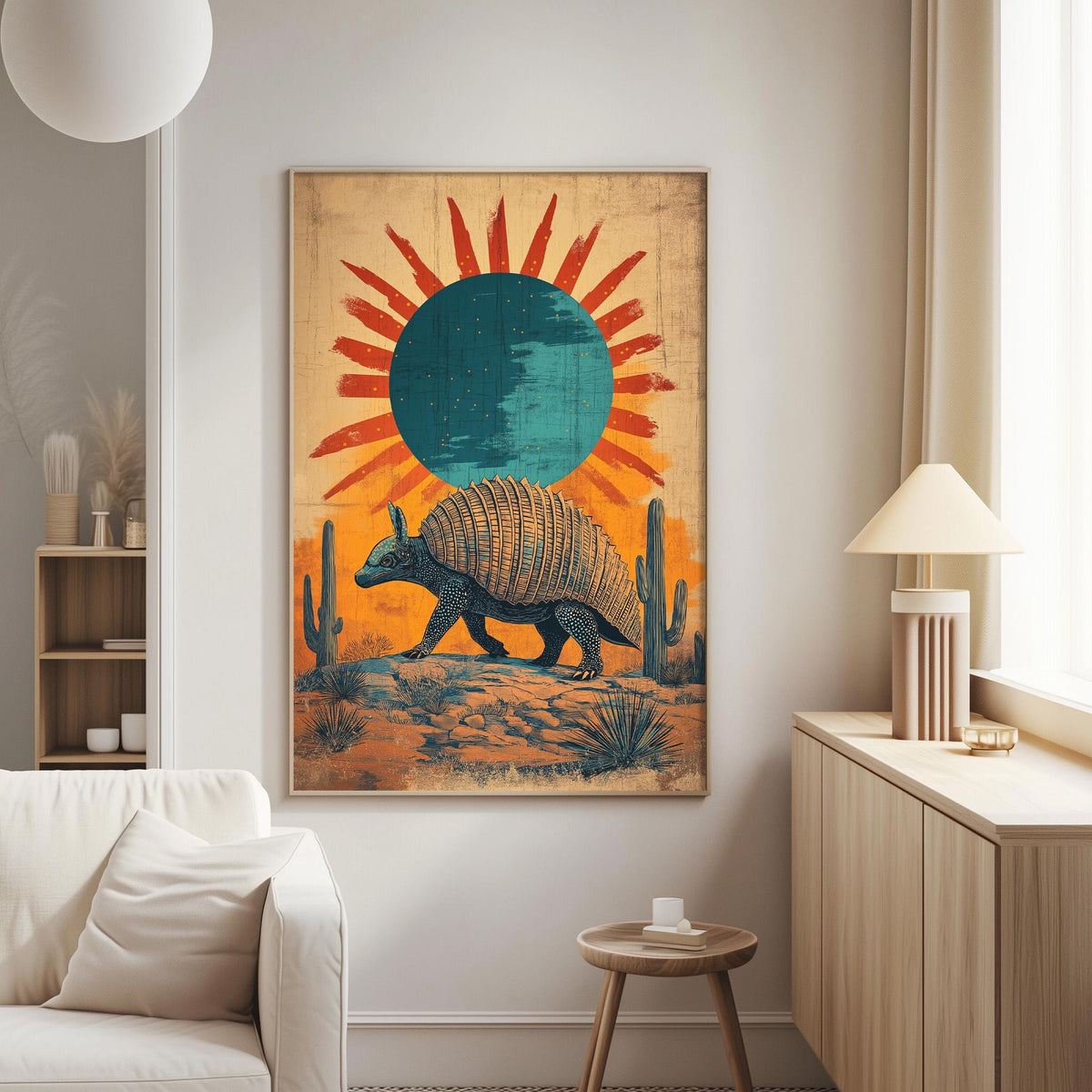 a large, colorful painting of an armadillo in a desert landscape, hanging on a wall in a living room.