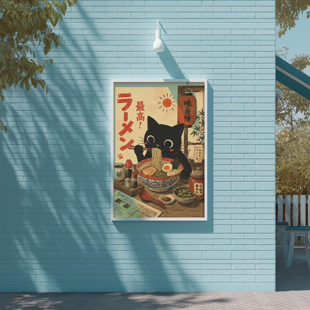 A framed poster of a black cat sitting in a bowl of noodles, surrounded by various food items and a decorative plant, is displayed on a blue wall.