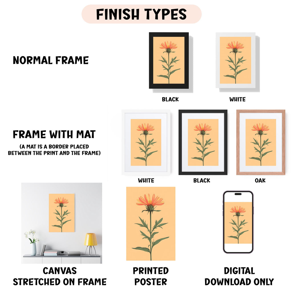various types of artwork, including a canvas stretched on a frame, a framed print, and a digital poster. The artwork features different frame styles and finishes, such as a normal frame, a black frame, a white frame, and an oak frame. The artwork is presented in a collage format, with each piece described in a concise manner to avoid redundancy and to focus on the visual content.