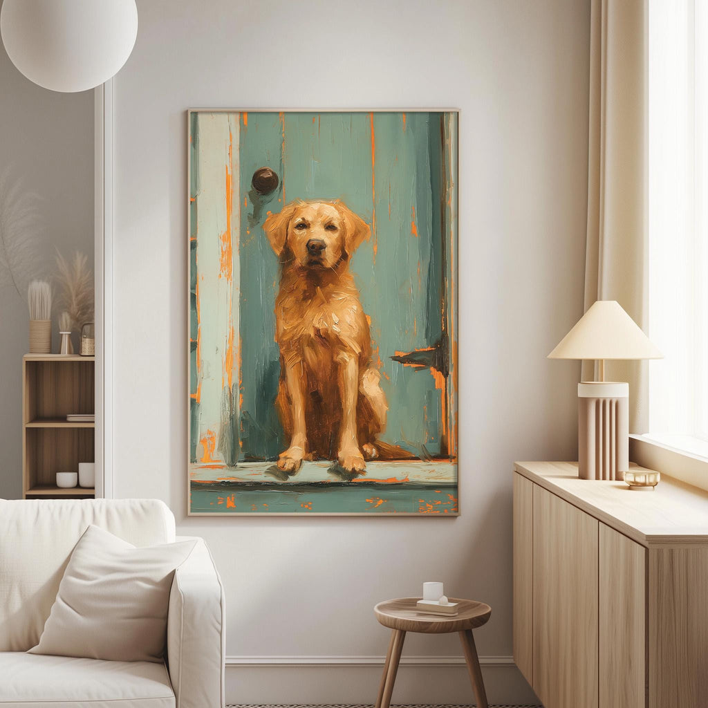 a large painting of a golden retriever dog sitting on a green door in a living room setting.