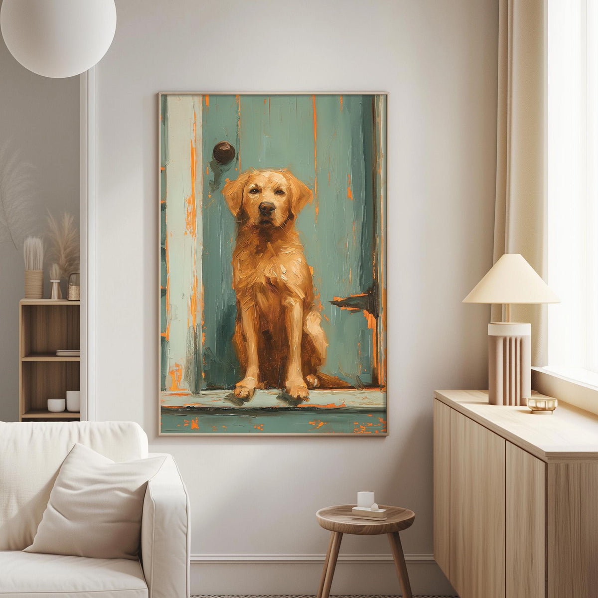 a large painting of a golden retriever dog sitting on a green door in a living room setting.
