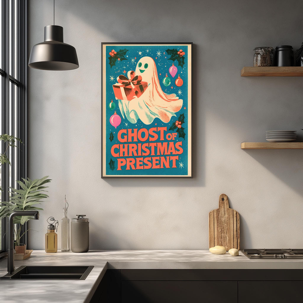 a framed poster of a ghost holding a gift, hanging on a wall above a kitchen counter.