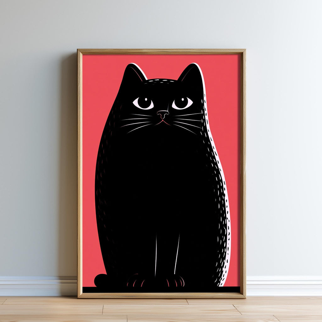 A framed illustration of a black cat with large eyes and a pink background.