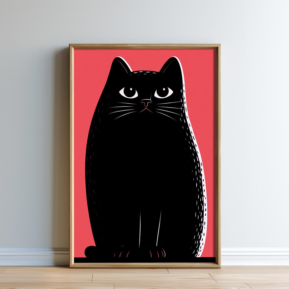 A framed illustration of a black cat with large eyes and a pink background.