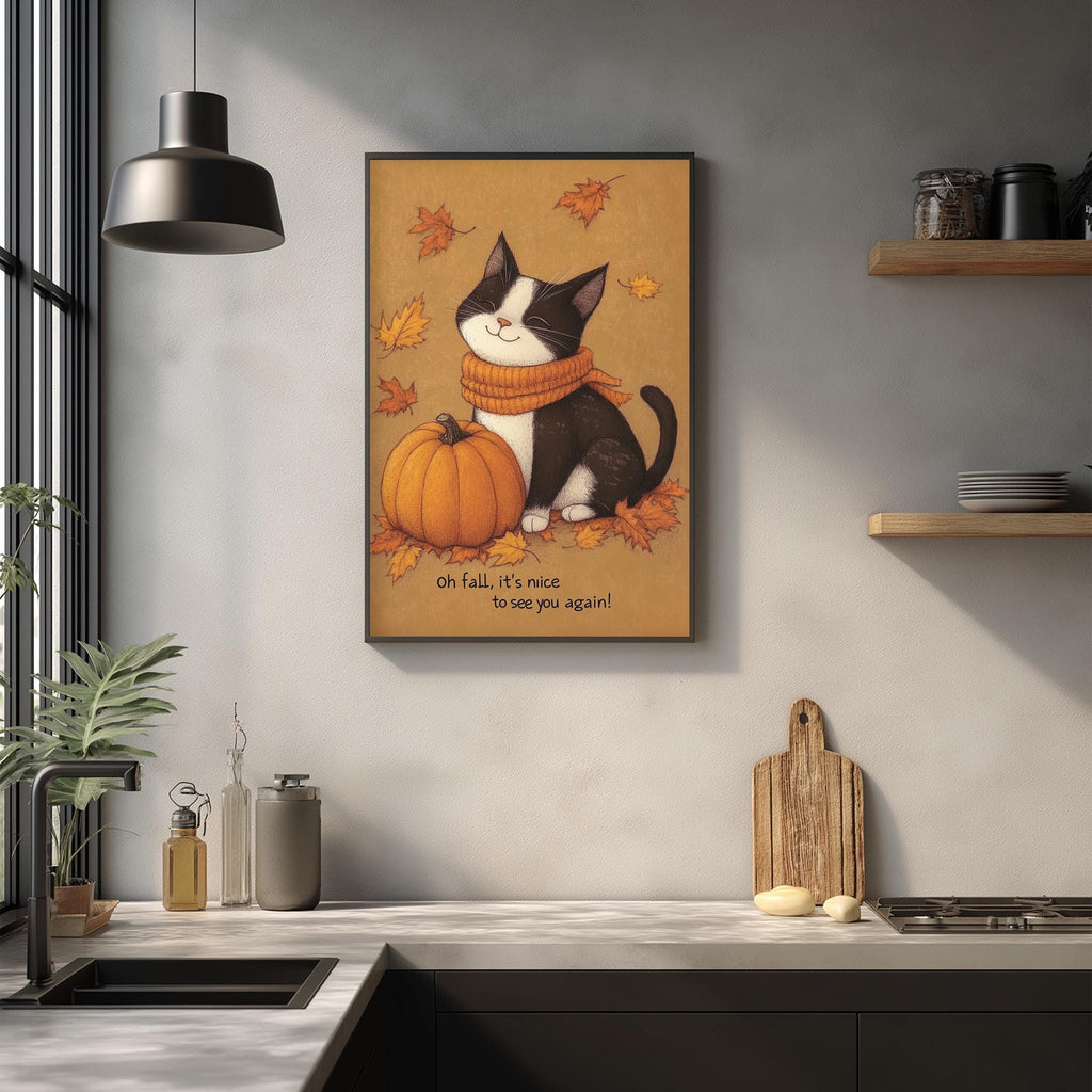 A framed illustration of a black and white cat sitting on a pumpkin, surrounded by autumn leaves, is displayed on a wall in a kitchen setting.