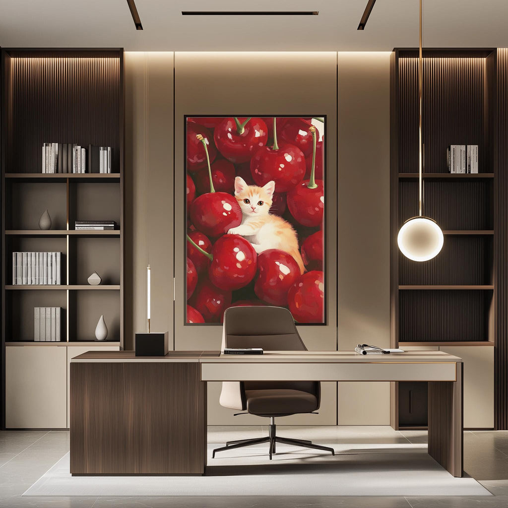 a modern office space with a large framed picture of cherries hanging on the wall above a desk. The desk has a chair and a lamp, and there are several bookshelves in the background.