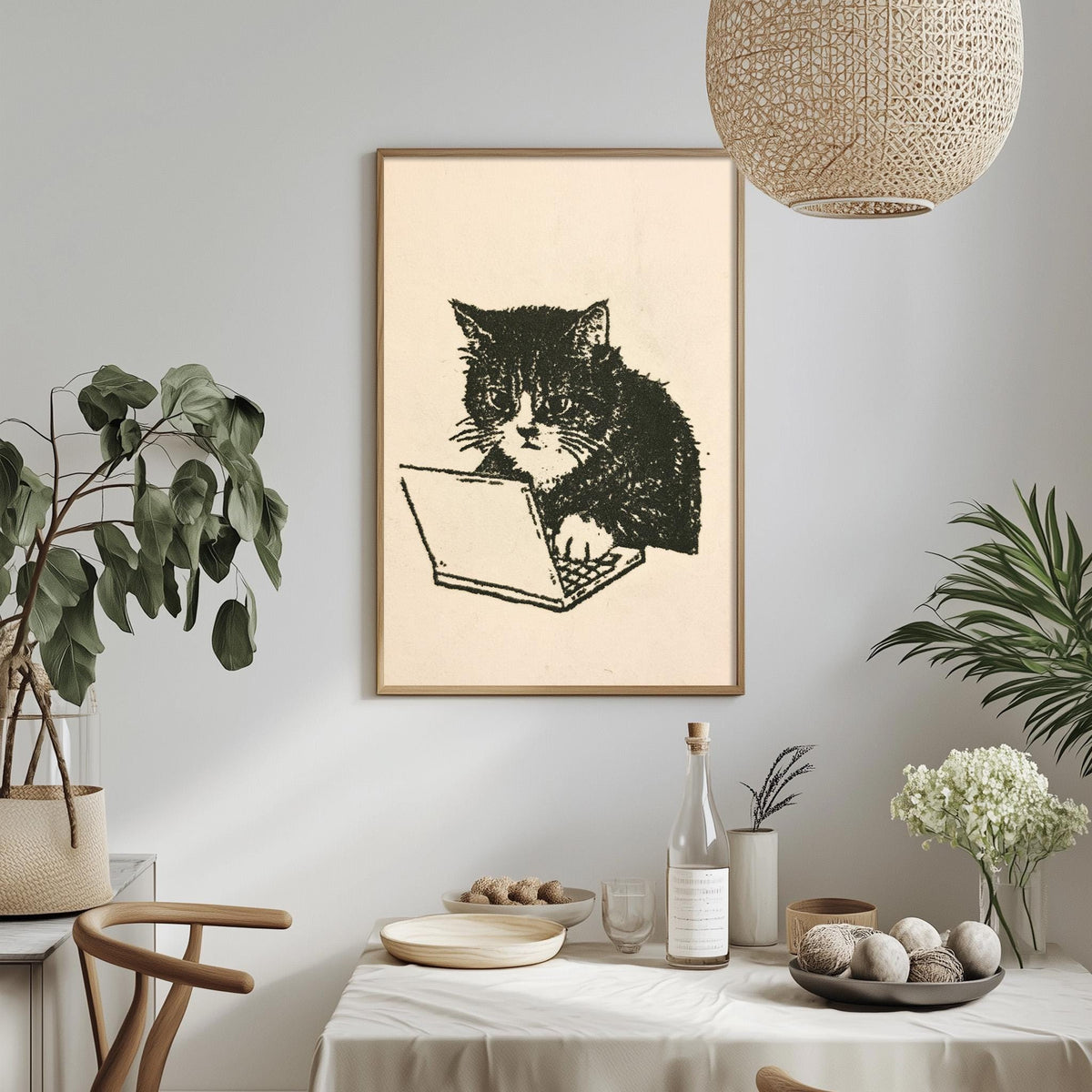 a framed illustration of a cat sitting at a laptop, surrounded by various decorative elements such as plants, a bowl, and a bottle.