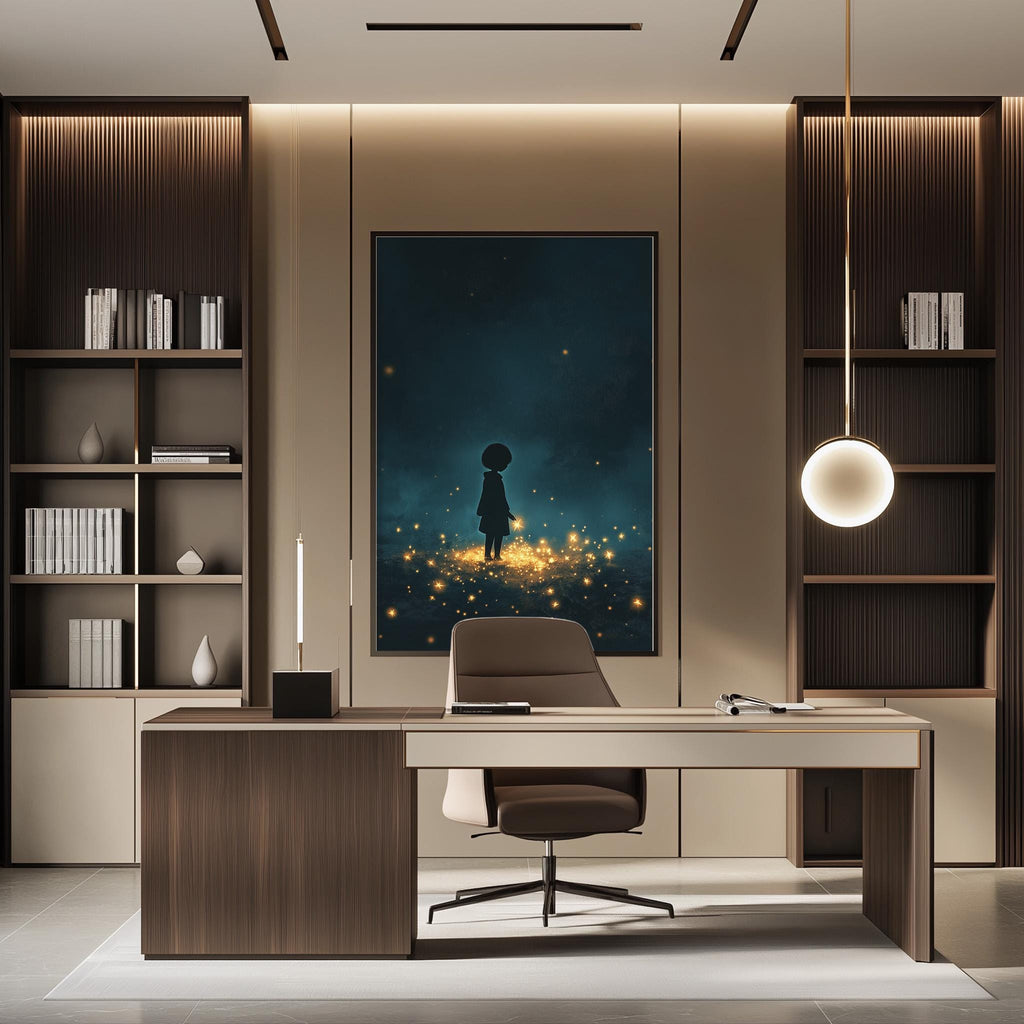 a modern and minimalist office space with a large framed artwork of a silhouetted figure against a starry night sky as the focal point. The office features a wooden desk, a comfortable-looking chair, and a bookshelf filled with books and various decorative items. The overall design and layout of the space create a serene and inspiring atmosphere.