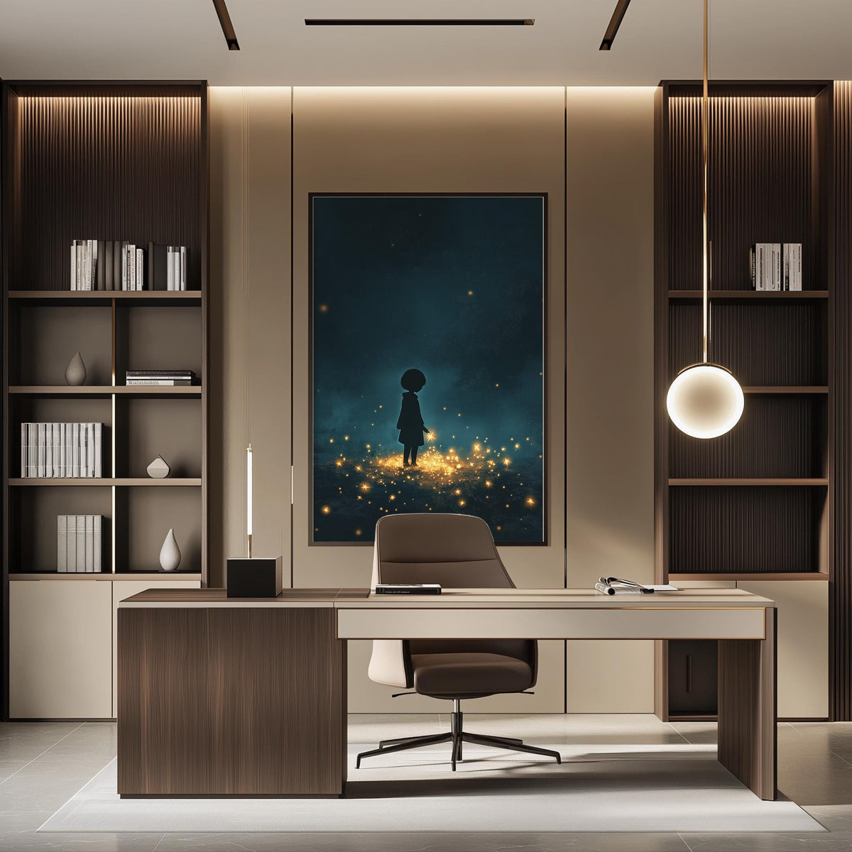 a modern and minimalist office space with a large framed artwork of a silhouetted figure against a starry night sky as the focal point. The office features a wooden desk, a comfortable-looking chair, and a bookshelf filled with books and various decorative items. The overall design and layout of the space create a serene and inspiring atmosphere.