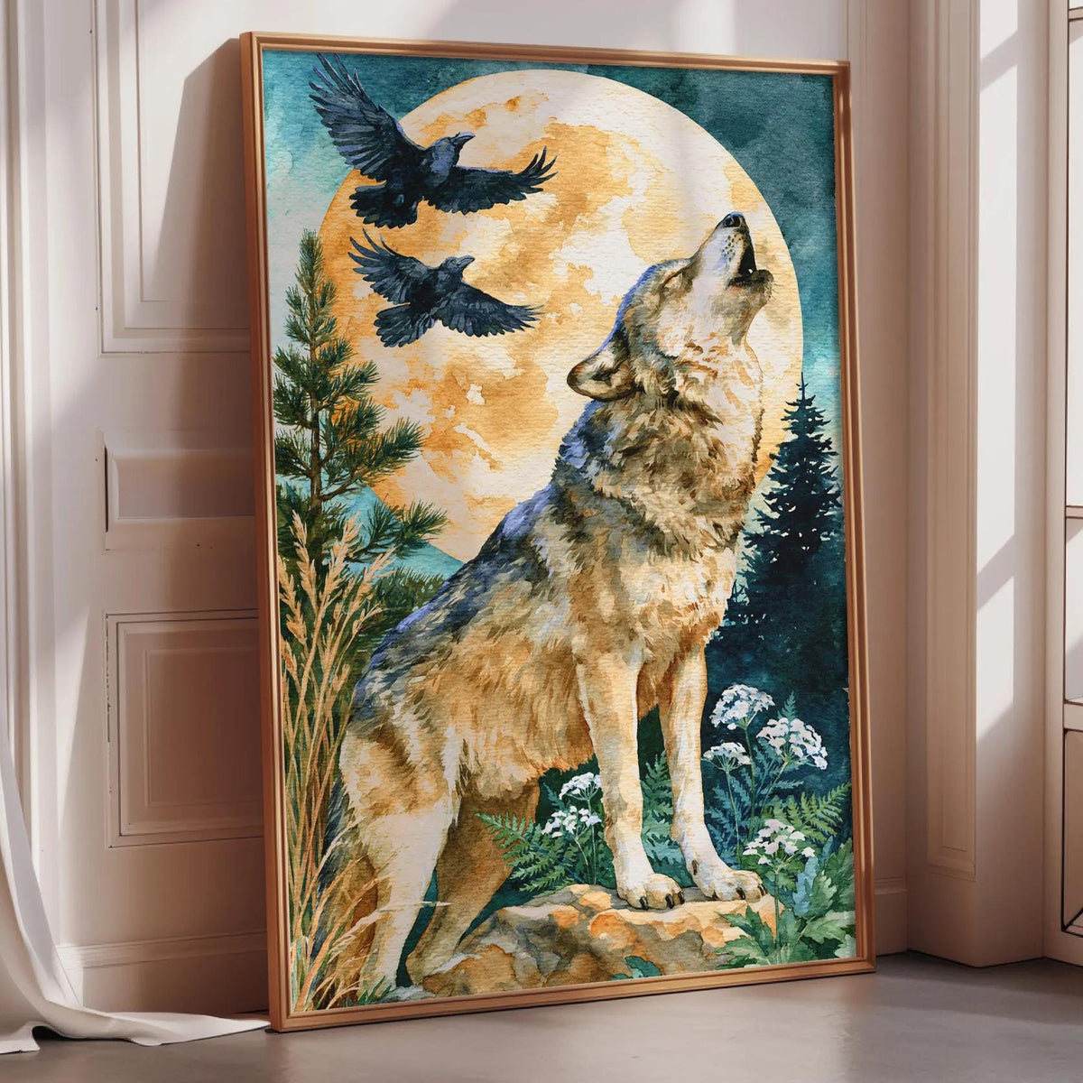 a large painting of a wolf howling at a full moon, surrounded by a forest landscape.