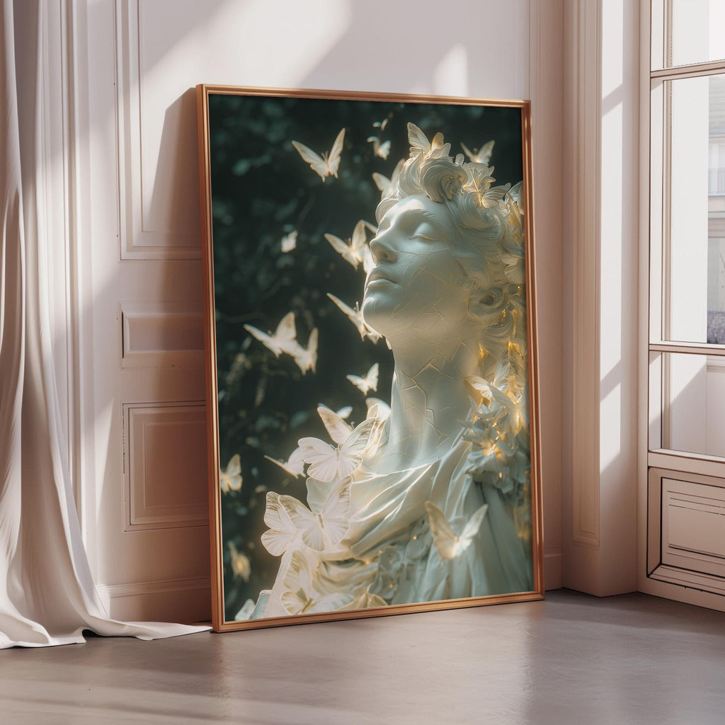a large framed picture of a statue with a woman's face and butterflies on it, placed on a wooden floor next to a window.