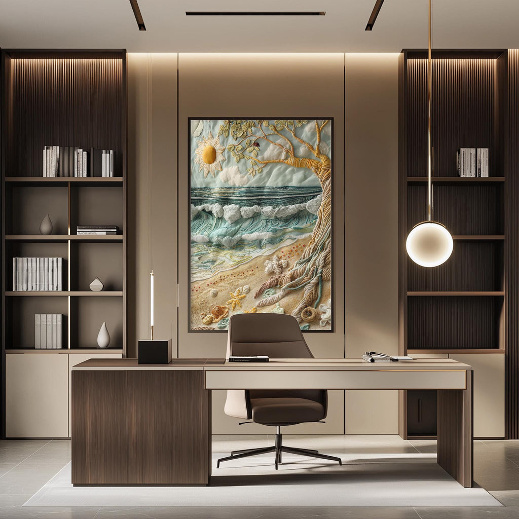 a modern and well-designed office space with a large painting of a beach scene hanging on the wall behind a desk. The desk has a chair and a lamp, creating a comfortable workspace. The office also features built-in bookshelves and a large window, providing ample natural light and a view of the beach.