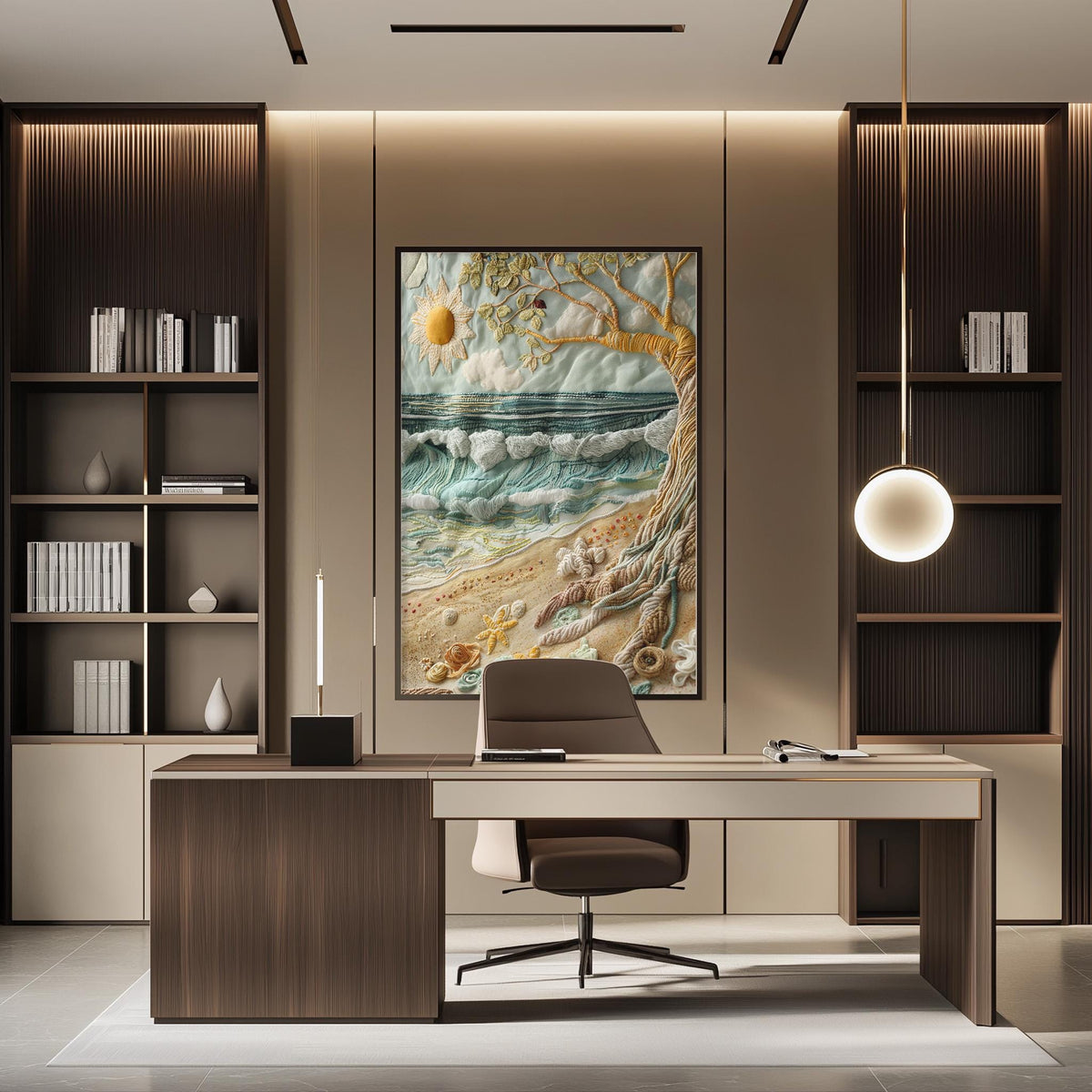 a modern and well-designed office space with a large painting of a beach scene hanging on the wall behind a desk. The desk has a chair and a lamp, creating a comfortable workspace. The office also features built-in bookshelves and a large window, providing ample natural light and a view of the beach.