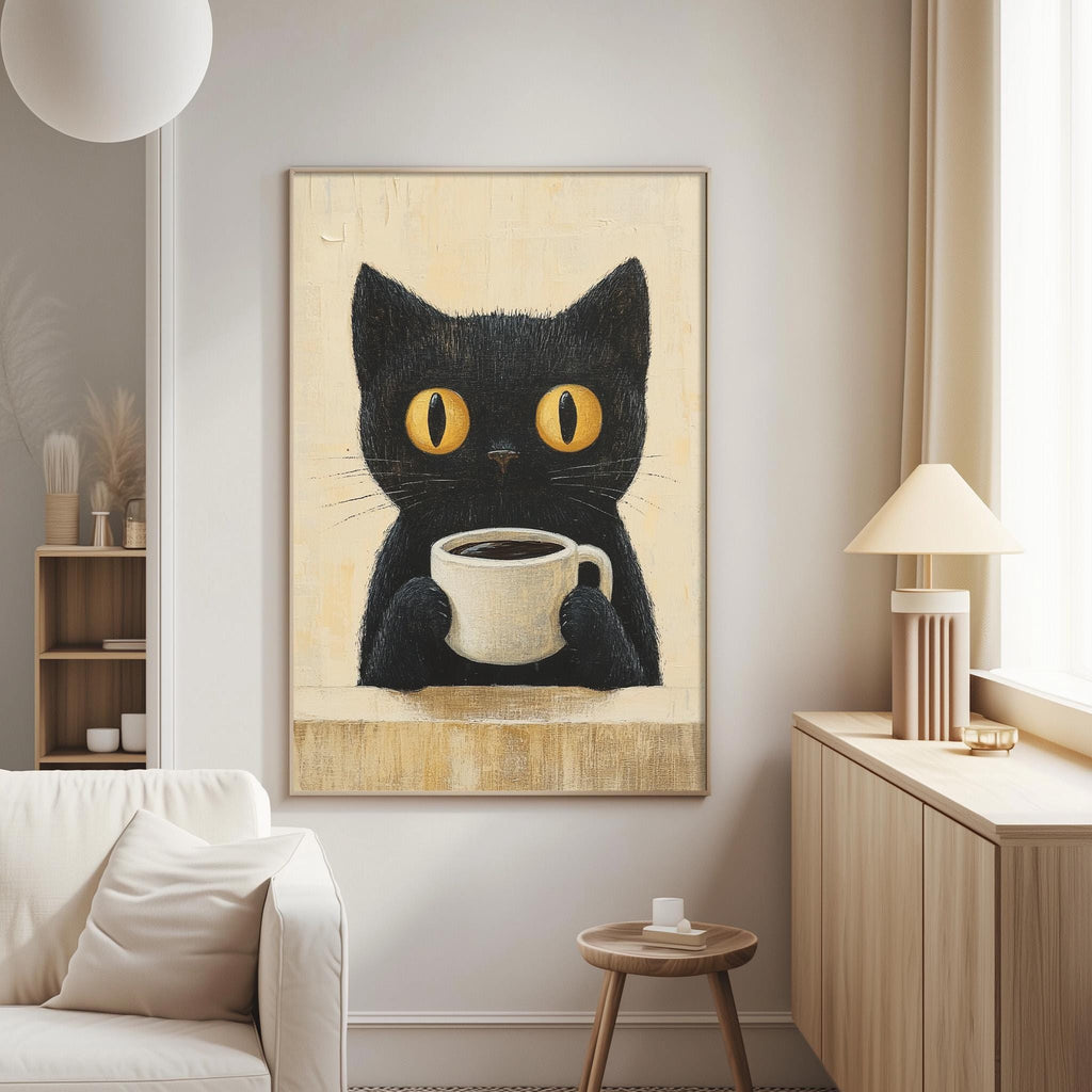 a cozy living room with a large framed painting of a black cat holding a cup of coffee on the wall.