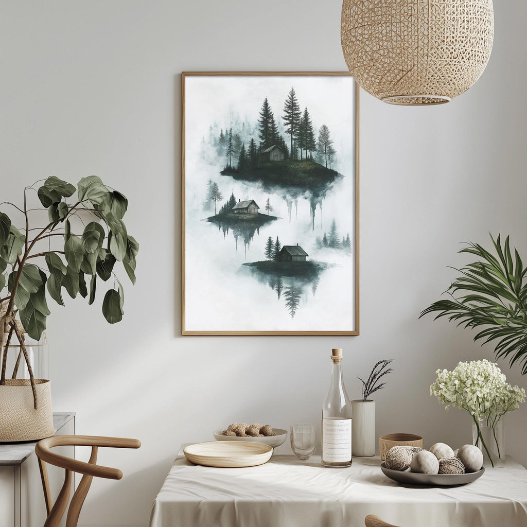 a serene indoor setting with a framed painting of a forest landscape hanging on the wall above a dining table. The table is set with various items, including a bottle, a bowl, and a vase with flowers. The room is decorated with potted plants and a woven light fixture, creating a calm and inviting atmosphere.