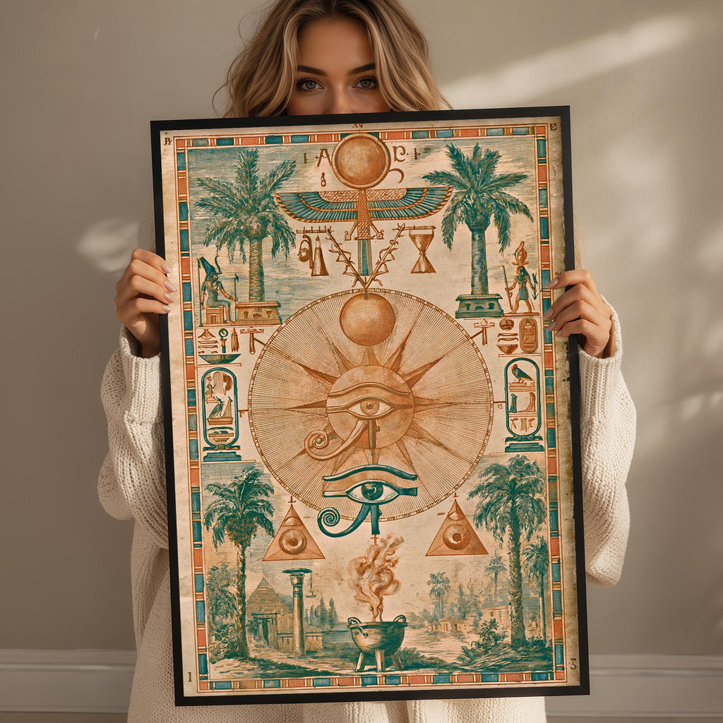 A woman is holding up a framed poster with an illustration of ancient Egyptian symbols and imagery, including a sun, palm trees, and various hieroglyphic symbols.