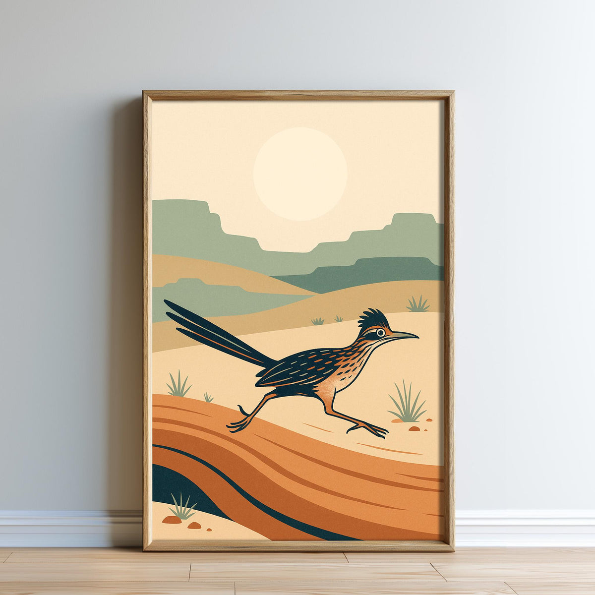 The image is a framed illustration depicting a bird in mid-flight against a desert landscape with mountains in the background.