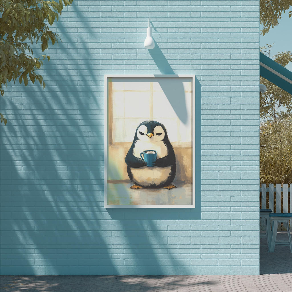 A framed painting of a penguin holding a cup is displayed on a blue brick wall, with a tree and a white light fixture above it.