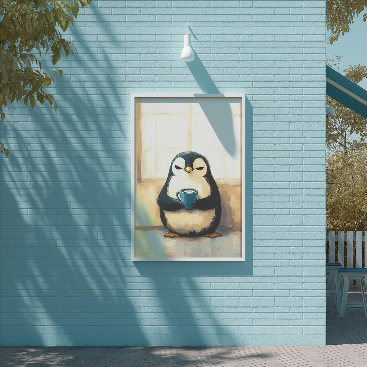 A framed painting of a penguin holding a cup is displayed on a blue brick wall, with a tree and a white light fixture above it.