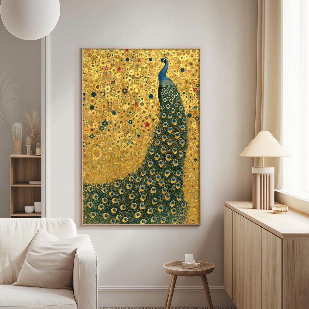 a large painting of a peacock with its vibrant green and yellow feathers spread out, creating a striking and eye-catching display. The painting is hung on a wall in a living room setting, with a white couch and a small table nearby.