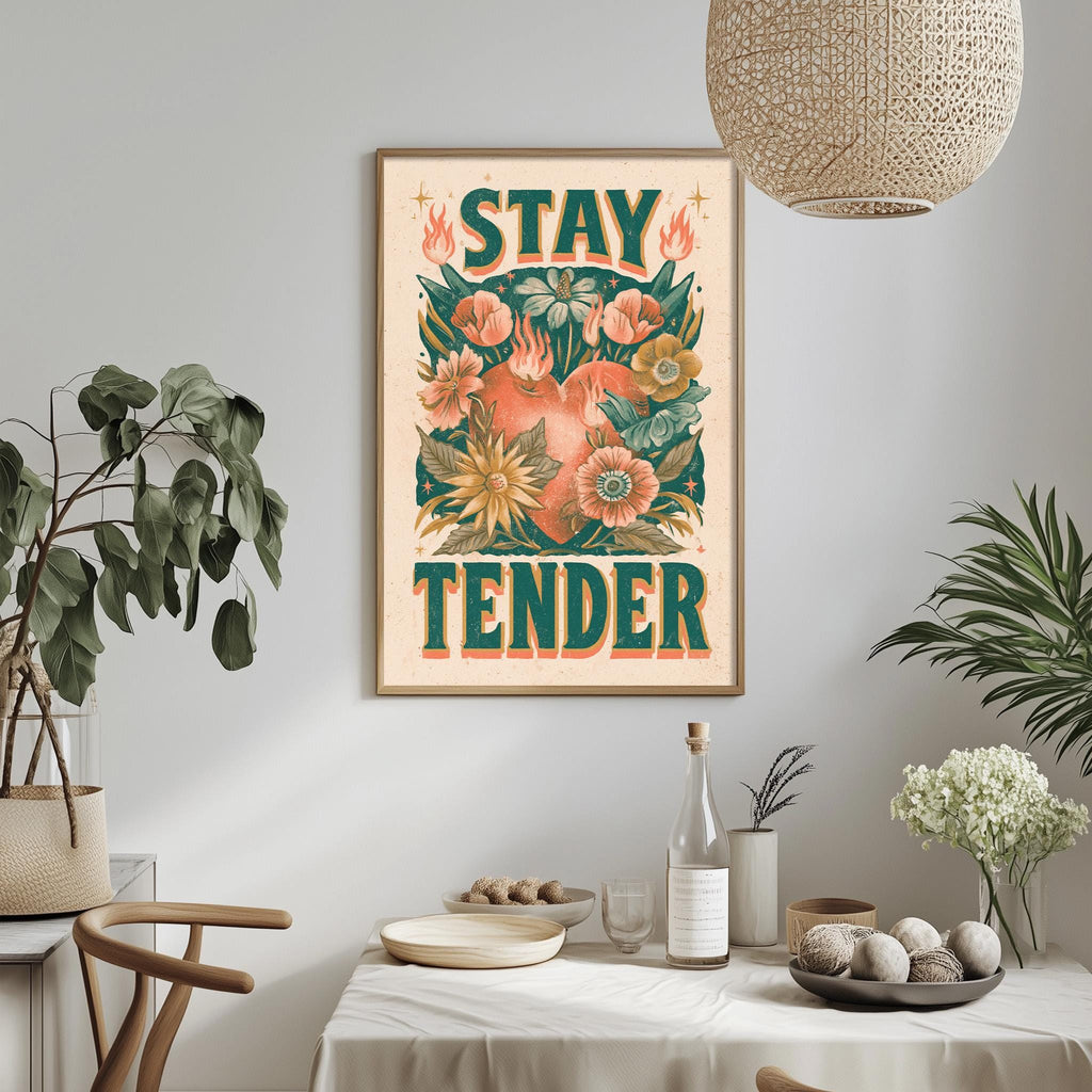 a framed poster with the text "STAY TENDER" hanging on a wall above a dining table with various decorative items and plants.