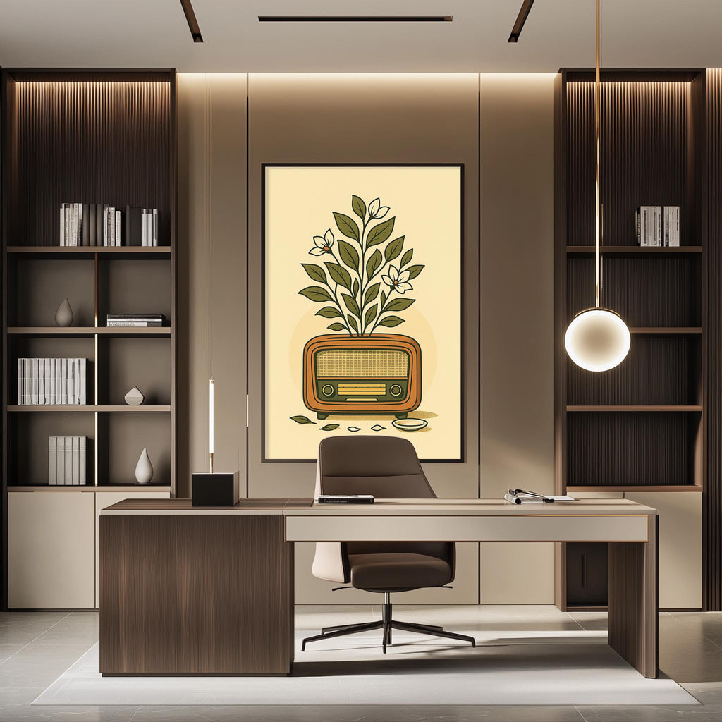 a modern office space with a large radio on the wall, a wooden desk with a chair, and built-in bookshelves.