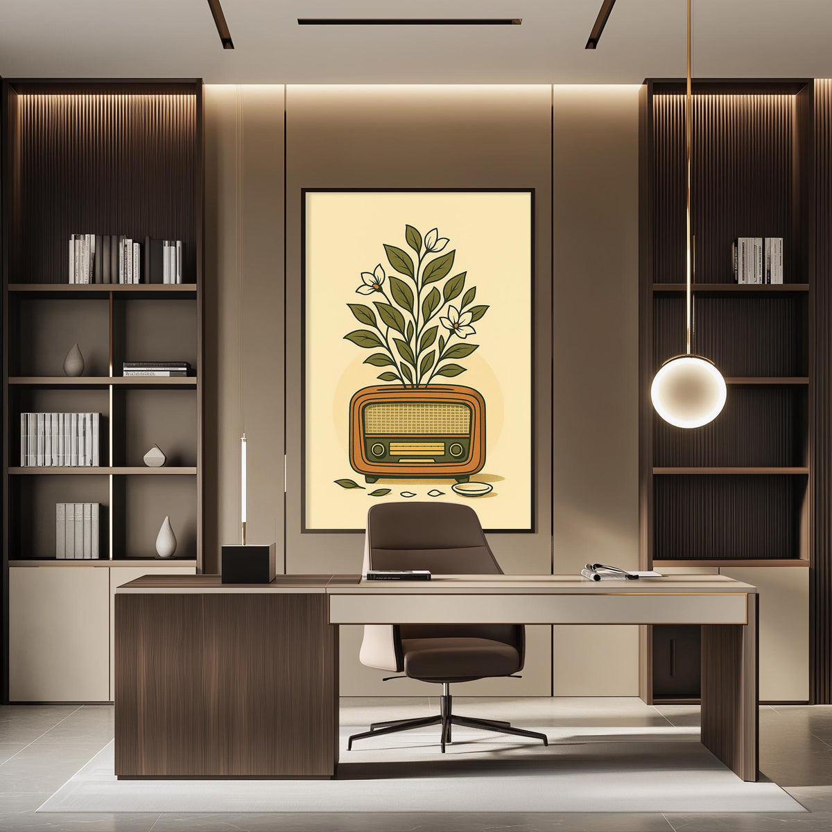 a modern office space with a large radio on the wall, a wooden desk with a chair, and built-in bookshelves.