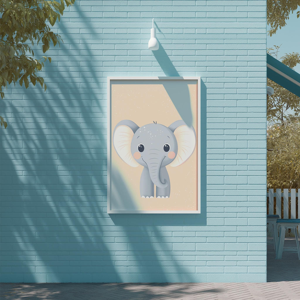 A framed illustration of a cute elephant is displayed on a light blue brick wall, with a white light fixture above it.