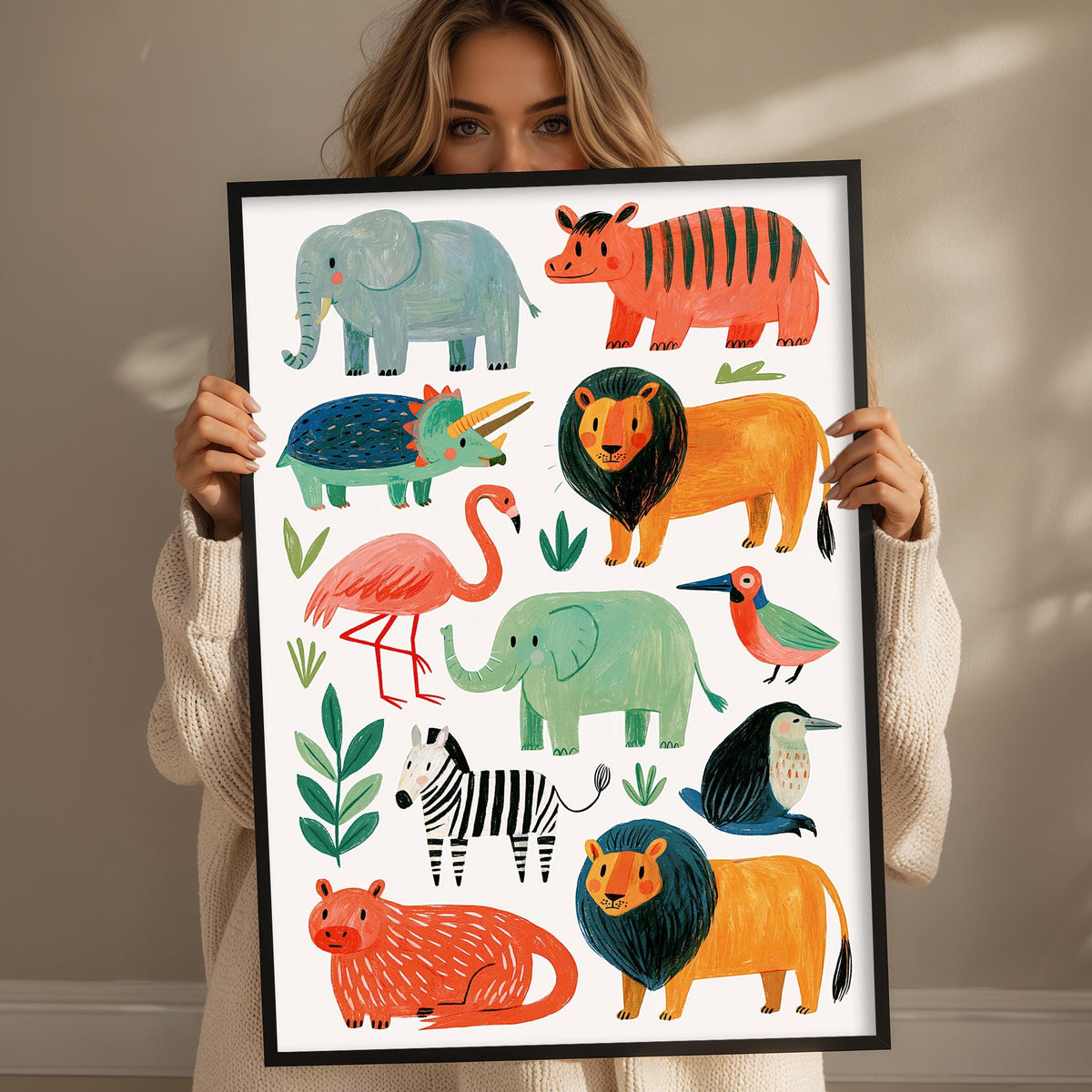 A woman is holding up a framed collage of various colorful animal illustrations, including elephants, lions, zebras, and birds.
