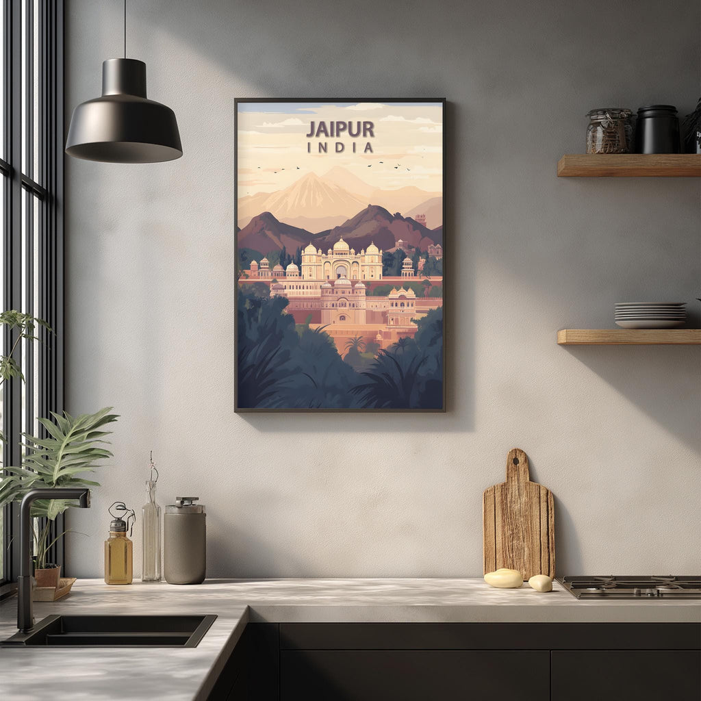 a framed poster of Jaipur, India, hanging on a wall in a kitchen setting.