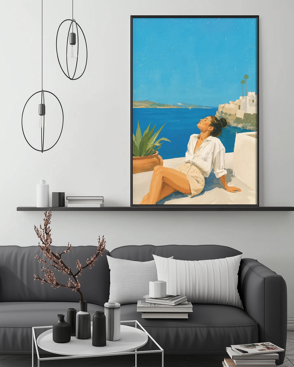 a large painting of a woman sitting on a balcony overlooking the ocean, with a potted plant and a vase on a table in front of her.