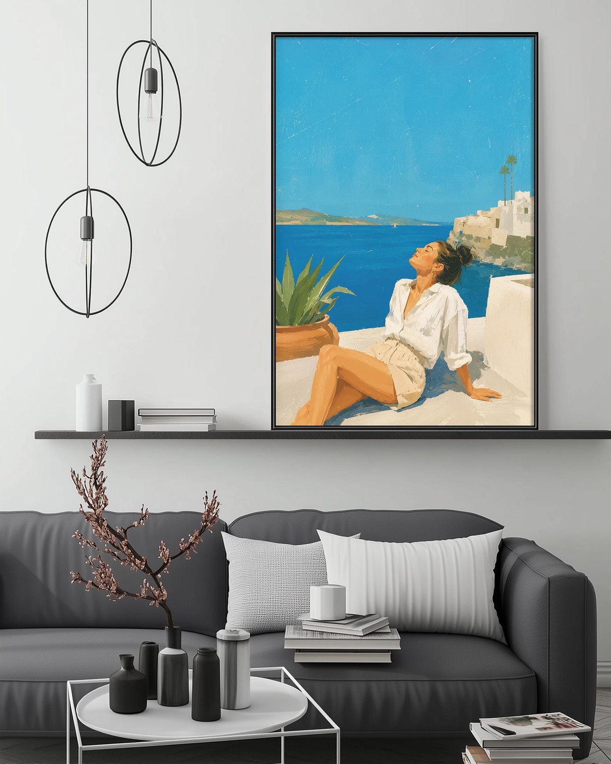 a large painting of a woman sitting on a balcony overlooking the ocean, with a potted plant and a vase on a table in front of her.